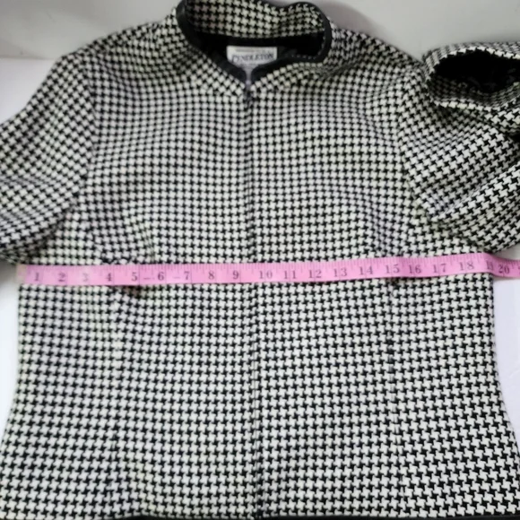 Pendleton Black & White Houndstooth 100% Wool Lamb Leather Trim Zip Up B…
